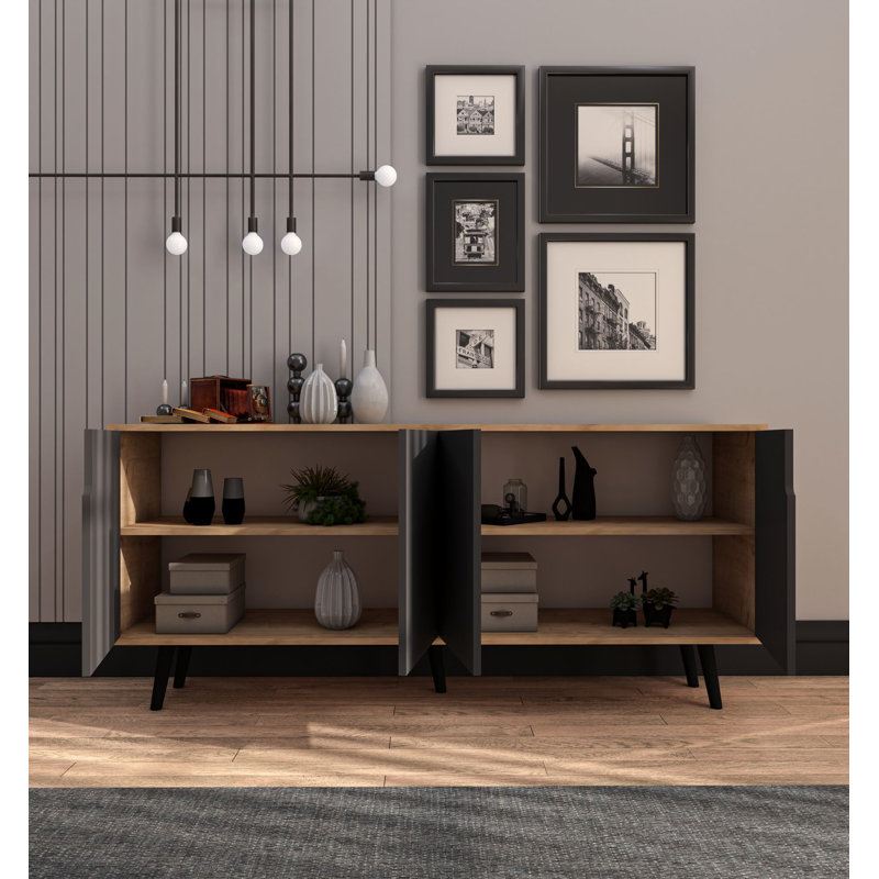 Buffet 71 po de largeur Mid-Century moderne avec pieds en bois, Chêne saphir / gris anthracite