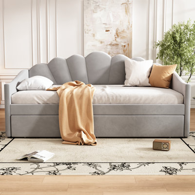 Upholstered 3FT Single Daybed with Trundle (90x190cm), Velvet Fabric in Grey, Modern Sofa Bed Design for Adults and Teenagers, Space-Saving Guest Bed, Comfortable and Easy to Assemble