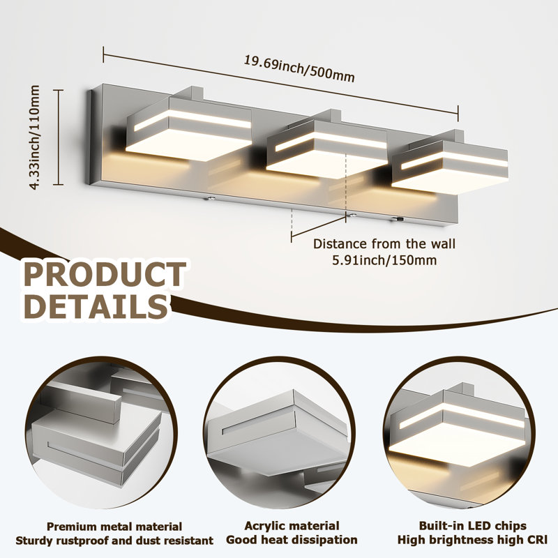 Modern Dimmable Bathroom LED Vanity Light over Mirror 5CCT Adjustable Lighting Fixture, Brushed Nickel, 3 Lights