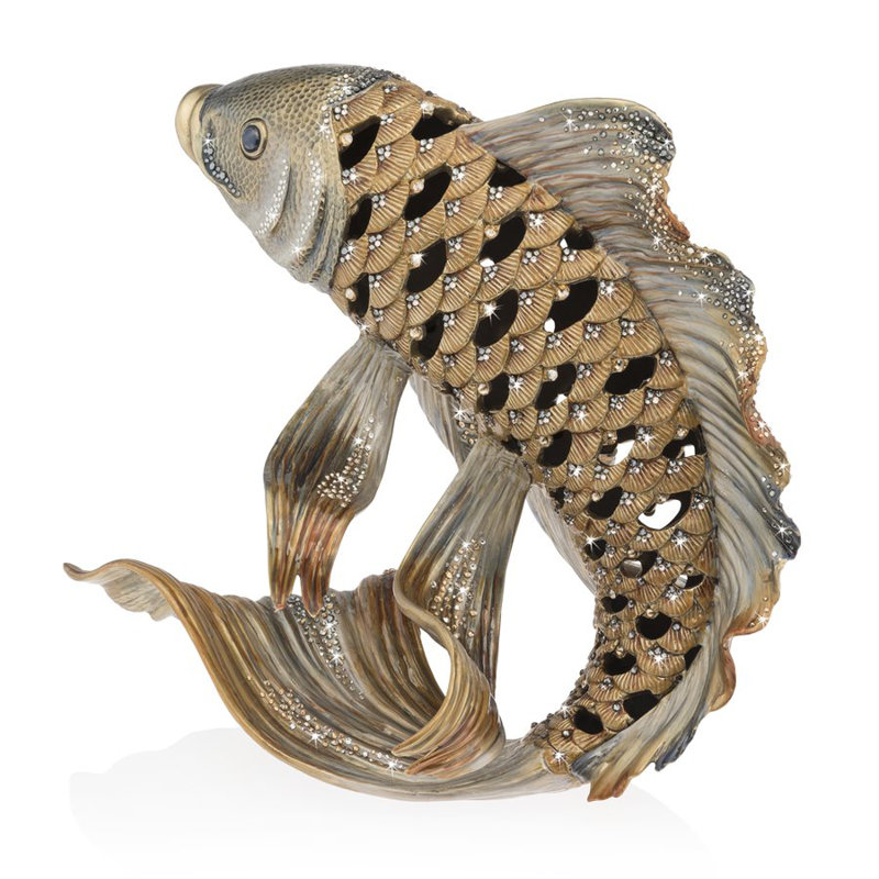 Handcrafted Brass Plated Koi Fish Figurine with Crystals