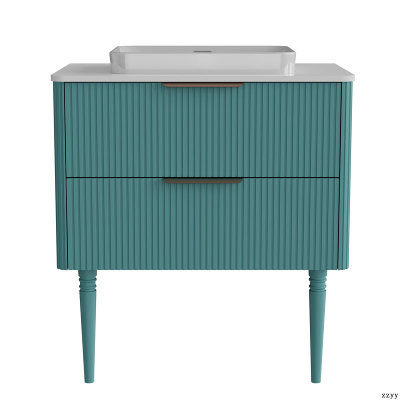 Meuble-lavabo autoportant pour salle de bain moderne à rayures aigue-marine SANS lavabo, pré-assemblé
