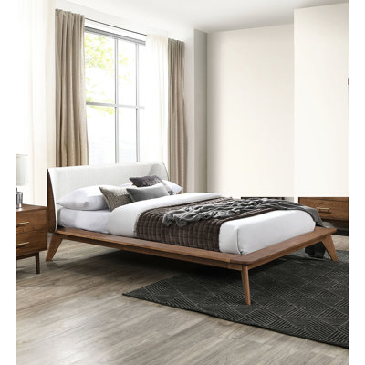 Lit en noyer de style Mid-Century de style moderne Mid-Century, plateforme en bois massif avec tête de lit à oreilles en tissu, pieds inclinés, tête de lit et matelas
