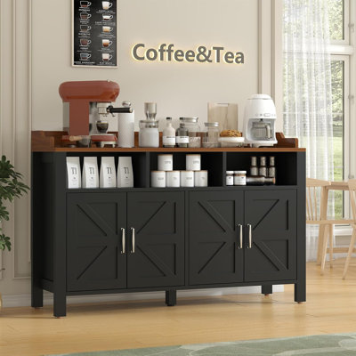 55"Buffet Cabinet with Storage Farmhouse with 4 Doors and 3 Open Compartments,Large Kitchen Storage Cabinet Black Wood Coffee Bar Buffet Sideboard for Kitchen, Dining Room, Living Room
