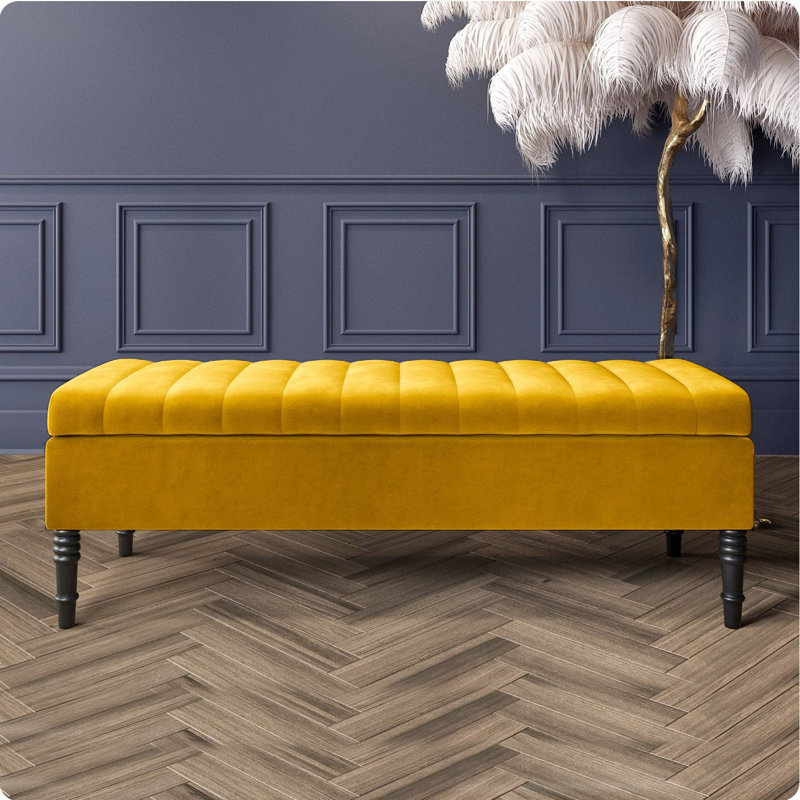 Safar Striped Ottoman Storage Bench – Upholstery Plush Velvet Shoe Bench with Black Turned Wooden Legs, Mustard Gold