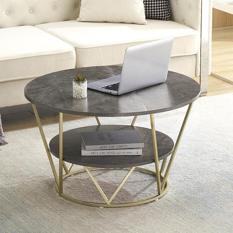 Rena Modern 2-Tier Round Coffee Table - Faux Marble with Storage Shelf and Metal Frame, Gray
