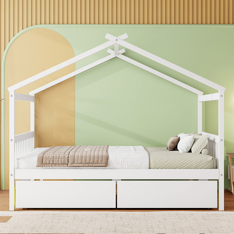 Lit en bois avec tiroirs, Blanc, Double