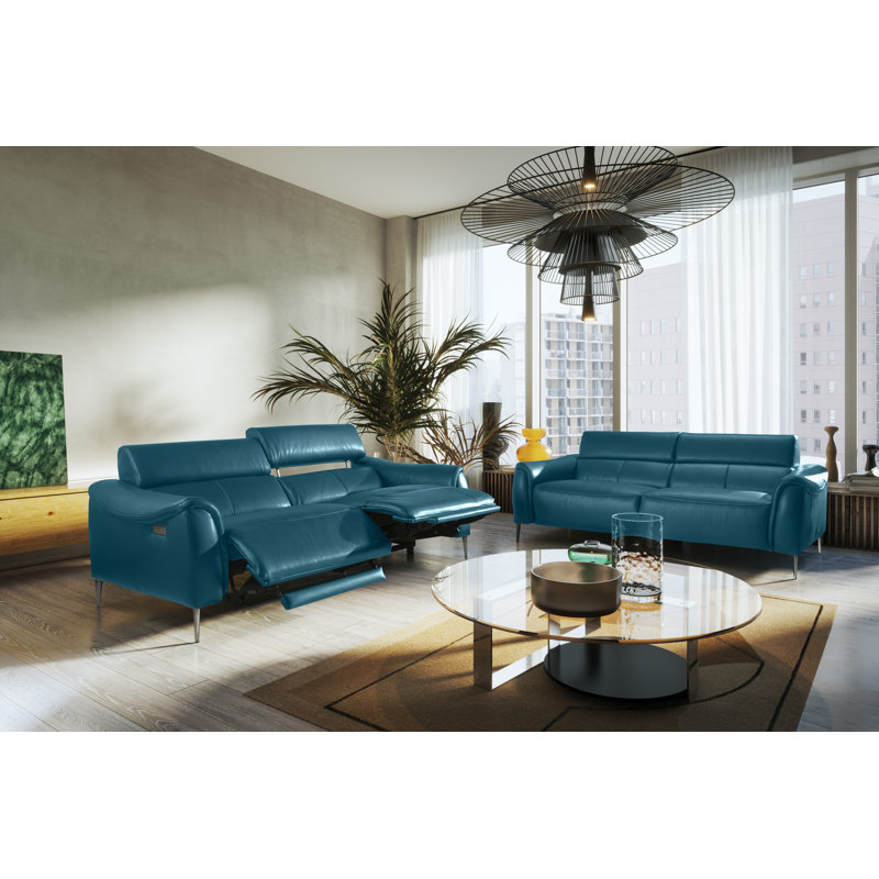 Koolanooka 204 cm Genuine Leather Pillow Top Arm Reclining Sofa, Turquise