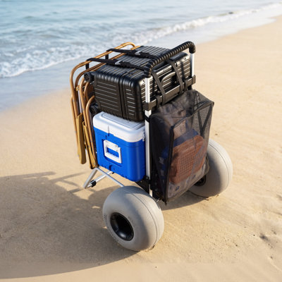Beach Dolly with Big Wheels for Sand, 20" x 15" Cargo Deck, Folding Sand Cart with 12" Balloon Wheels, 165 lbs Loading Capacity & 34" to 46" Adjustable Height, Heavy Duty Cart for Beach Camping