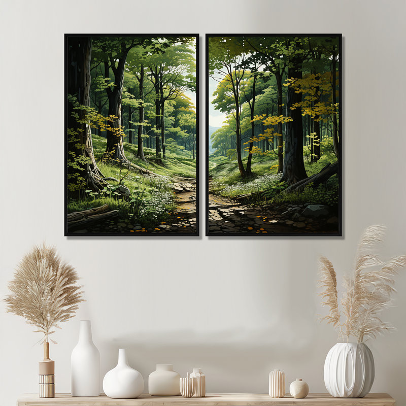 Ensemble de 2 reproductions d'art sur toile forêt, 36" H x 48" W, Impression encadrée flottante, Black