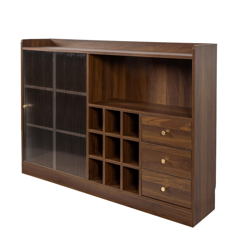 Buffet fonctionnel, deux portes coulissantes en verre, organisation de bureau, comptoir spacieux, noyer de couleur, panneau de particules + support de rangement de grande capacité, utilisation dans la cuisine, réception de garage