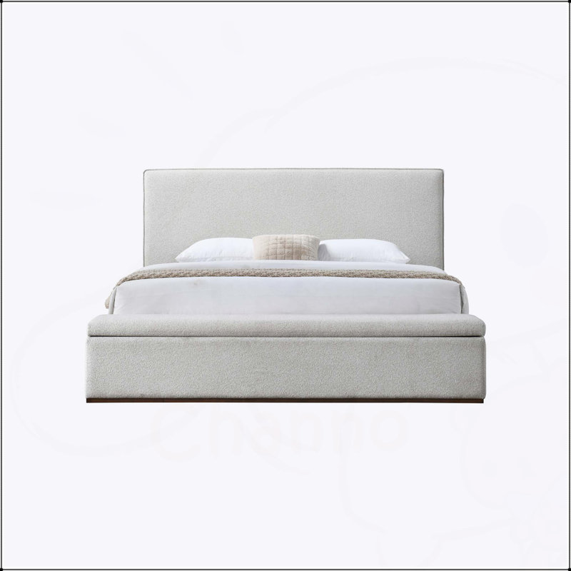 Très grand lit Boxter en lin beige avec rangement spacieux sous le lit, sans sommier tapissier, durable et élégant