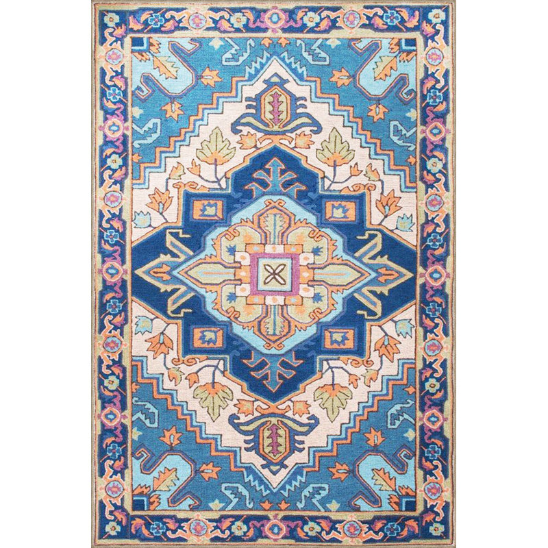 Tapis tissé traditionnel lavable à motifs bleus, Sous-tapis rectangulaire de 3 pi 3 po x 4 pi 11 po