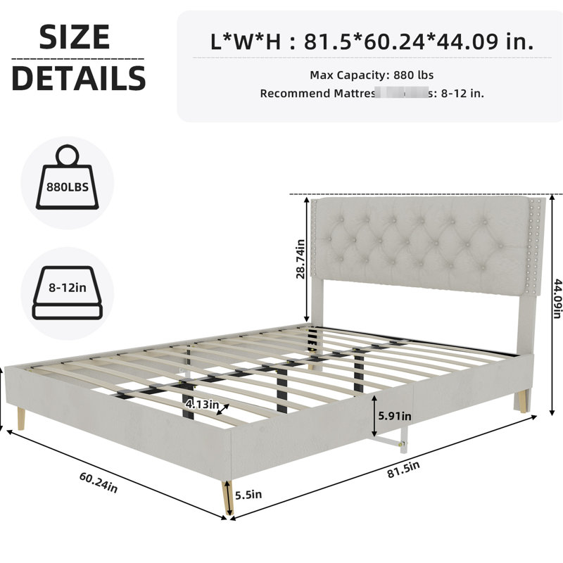 Grand lit tapissier beige en velours, structure, s'adapte aux dimensions courantes du matelas, structure silencieuse, ajustement facile, idéal pour la chambre à coucher