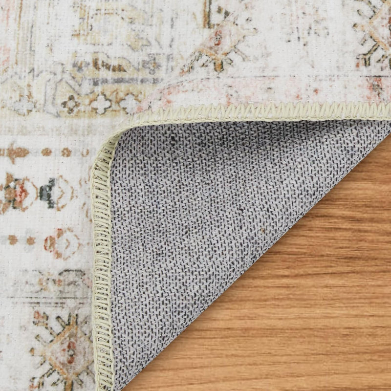 Large 9x12 Vintage Rug Thin Washable Non-Slip TPR Backing Low Pile Foldable Printed Retro Oriental Chenille Mat Soft Non-Shedding Light Brown