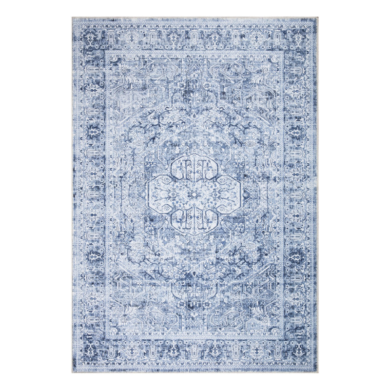  Washable Non-Slip Rug - Ivory / Denim Blue Traditional Medallion Area Rug for Living Room, Bedroom, Dining Room, and Kitchen