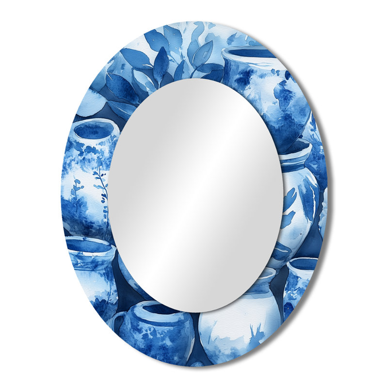Blue And White Boho Pottery Coastal Artistry I - Large Oval Wall Mirror On Metal, 43" x 33"