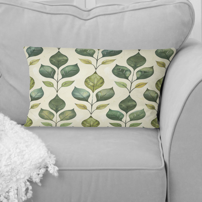 Coussin lombaire vert beige à motif de feuilles de treillis II