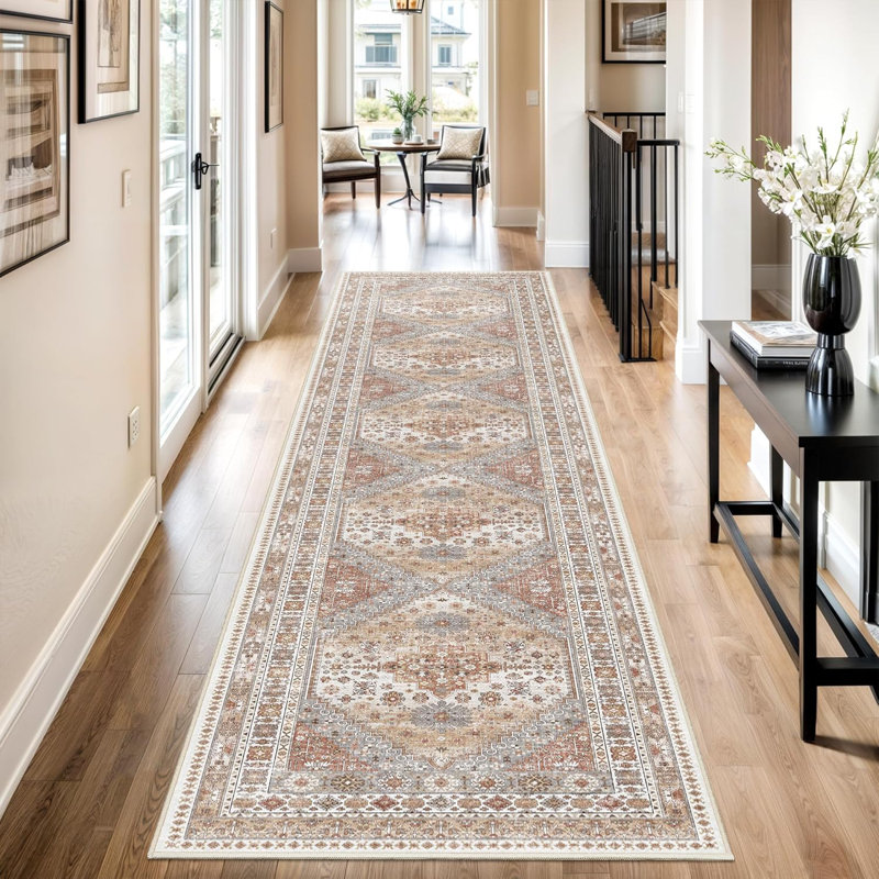 Medallion Non Slip Washable Rug(Orange), Runner 2'6" x 12'