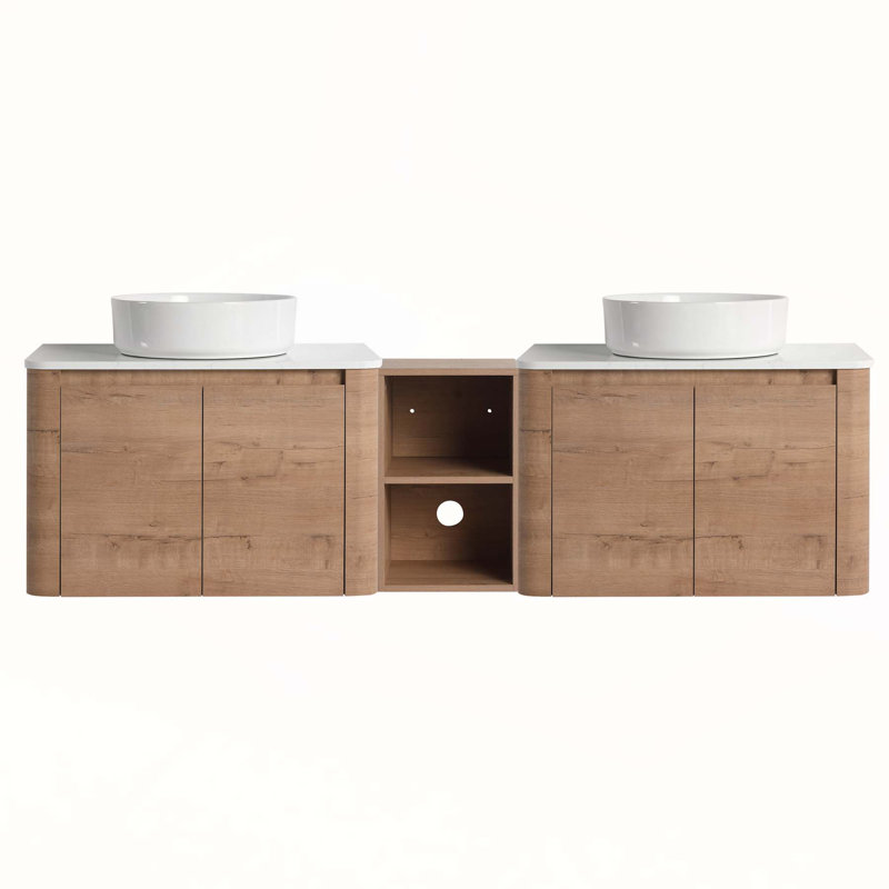 Meuble-lavabo mural 72 po avec lavabo d'art en céramique, tablettes de rangement et portes à fermeture en douceur pour salles de bain modernes