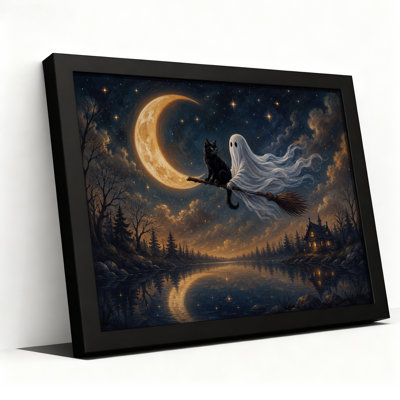Toile fantôme et chat noir volant sur un manche à balai sous Halloween