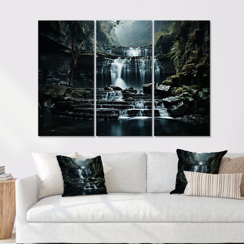 «Waterfall Cliff Scenery - Waterfall», ensemble d'art mural sur toile, Toile tendue, H 32 po x l 48 po x P 1 po