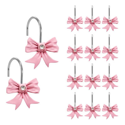 12PCS Decorative Shower Curtain Hooks With Pink Bow Knot Design, Rust-Resistant Stainless Steel Rings For Bathroom, Nursery, And Home Decor
