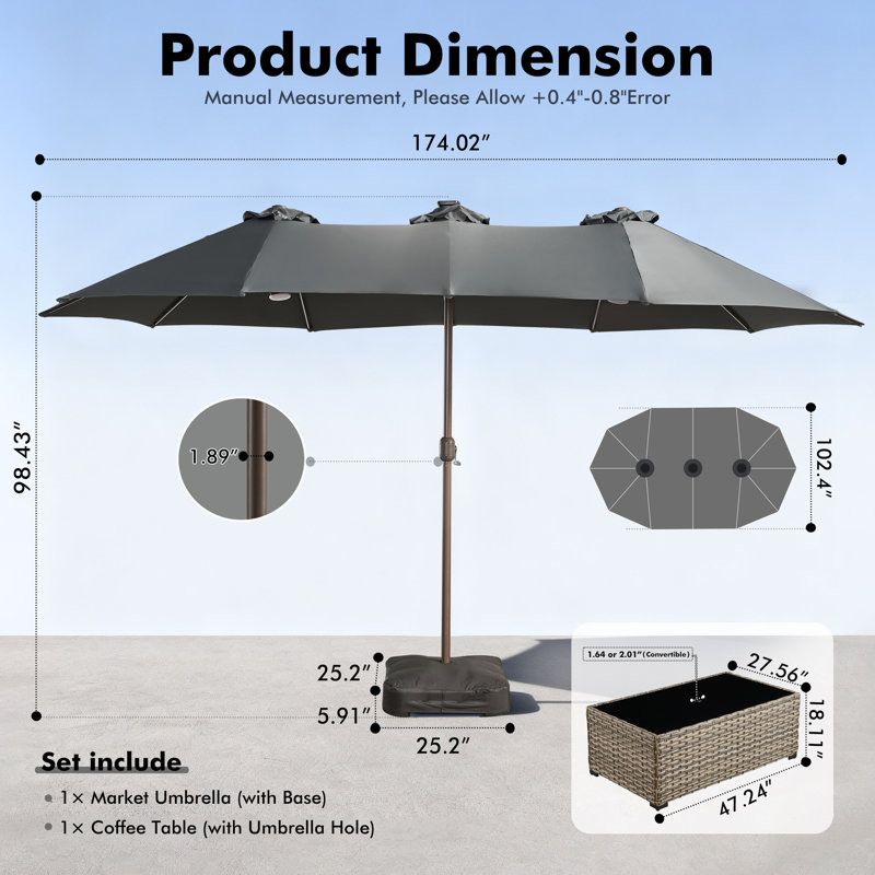 Parasol de marché rectangulaire de 14,5 pi x 8,5 pi avec lumières changeantes de couleurs, application et éclairage télécommandé, base et table basse incluses