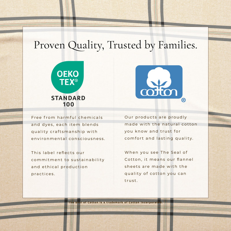 100% Turkish Cotton Plaid Flannel Sheet Sets, Queen Sheet Set with 2 Pillowcases, Wide Plaid Blue & Tan Striped