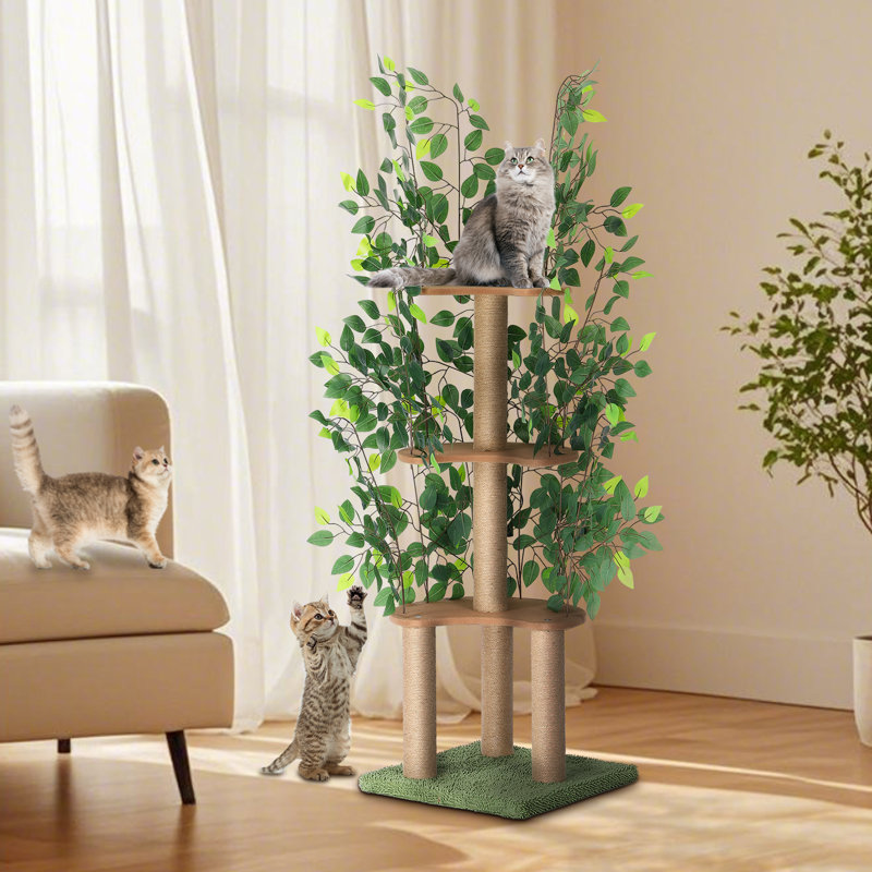 Arbre à chat 60,6 po à 3 niveaux avec fausses feuilles vertes, grande tour pour chat avec poteaux à griffer en sisal, maisonnette d'intérieur pour chat et grands chats