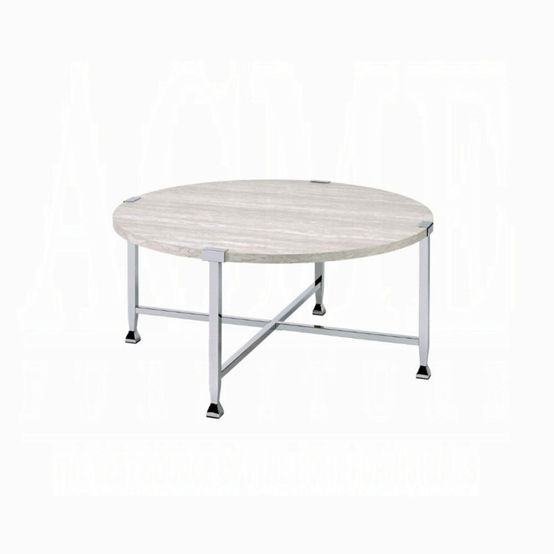 Table basse ronde contemporaine avec plateau en bois et finition en bois chromé 1 pièce