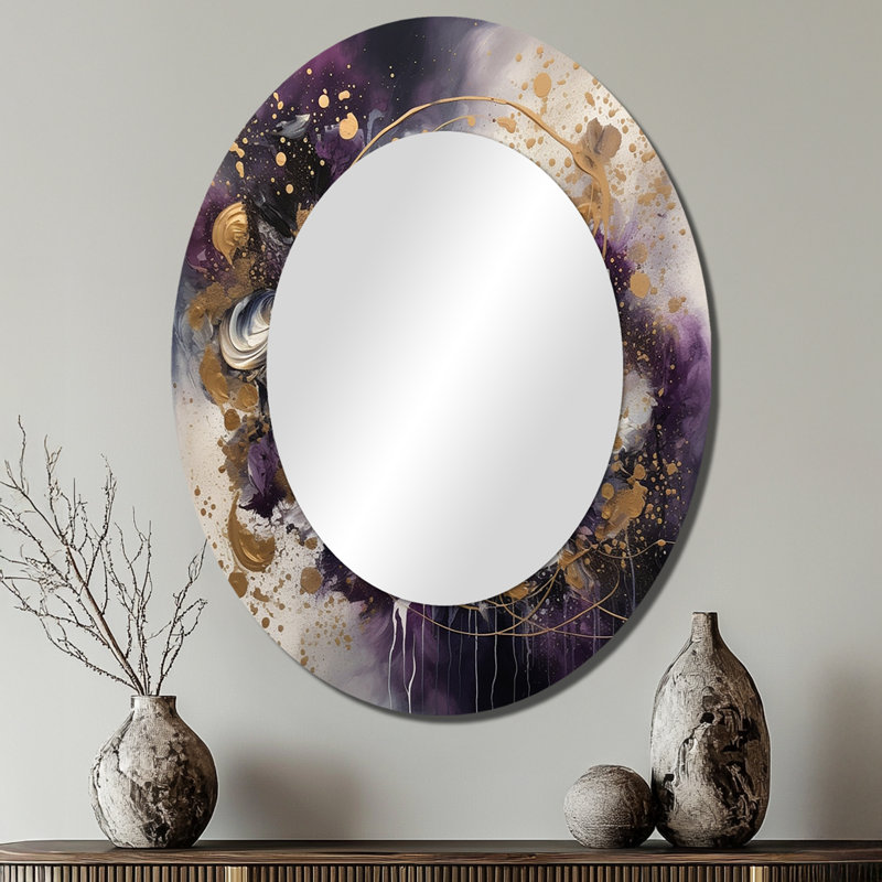 Gold Purple Transcendent Liquid Ink - Modern Oval Wall Mirror, 40" x 30"