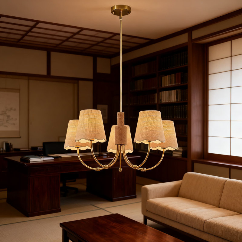 Luminaire lustre en rotin Boho avec finition laiton antique, luminaire suspendu à 5 lumières à intensité variable pour salle à manger, îlot de cuisine, salon