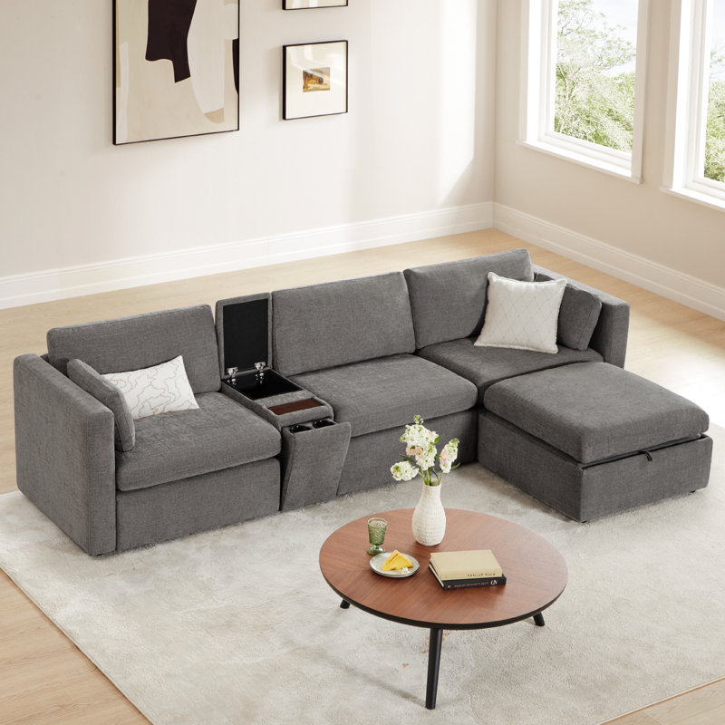 Winfree 4- Piece Upholstered Sectional With Console, Fossil Gray Polyester
