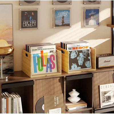 Lot de 2 boîtes de rangement pour disques vinyles, caisse en bambou et acrylique | Présentoir à disques vinyles visible avec poignée, porte-CD cubique pour le rangement et l'organisation de vos albums LP, facile à assembler