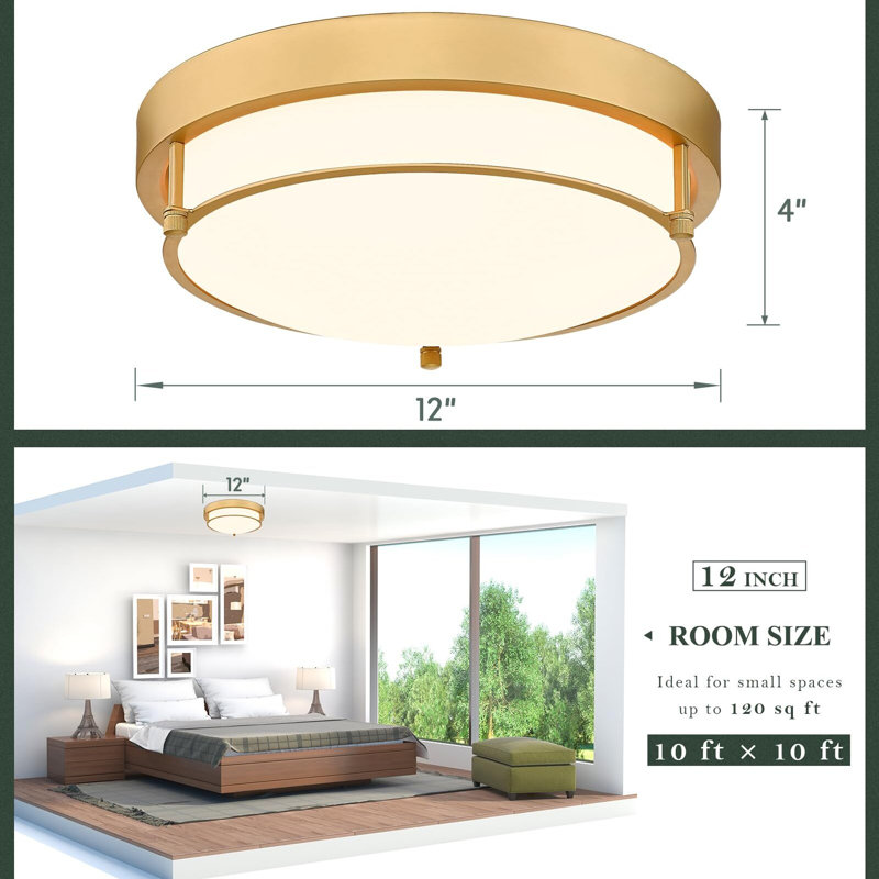 Plafonnier encastré 12 po, 2 lumières laiton doré moderne