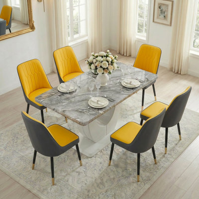 Modern 7-Piece Faux Marble Dining Table Set with Upholstered Chairs
