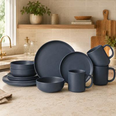 Service de table en grès empilable 12 pièces avec tasses Matte-Glaze - service pour 3 (va au lave-vaisselle et au micro-ondes)