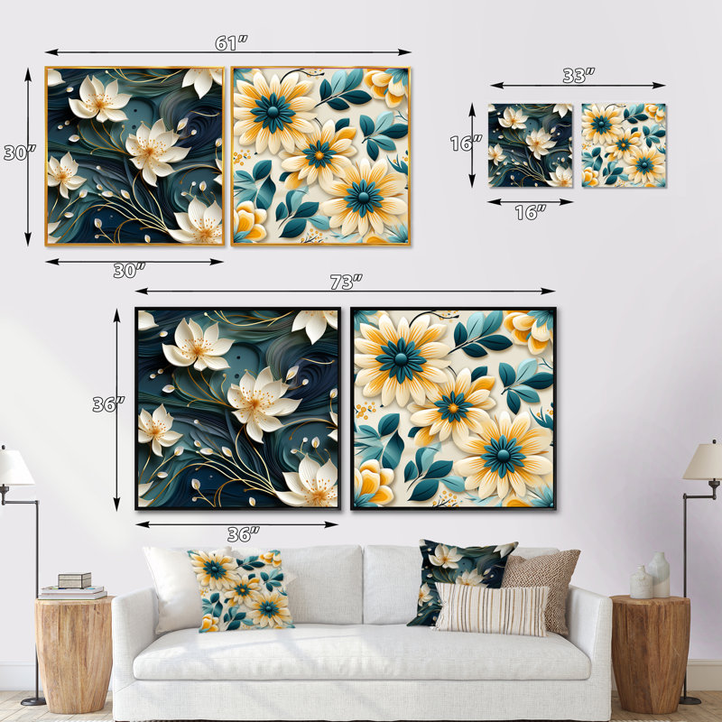 Ensemble de 2 collages carrés floraux zen jaune et blanc, Cadre flottant noir, H 16 po x l 33 po
