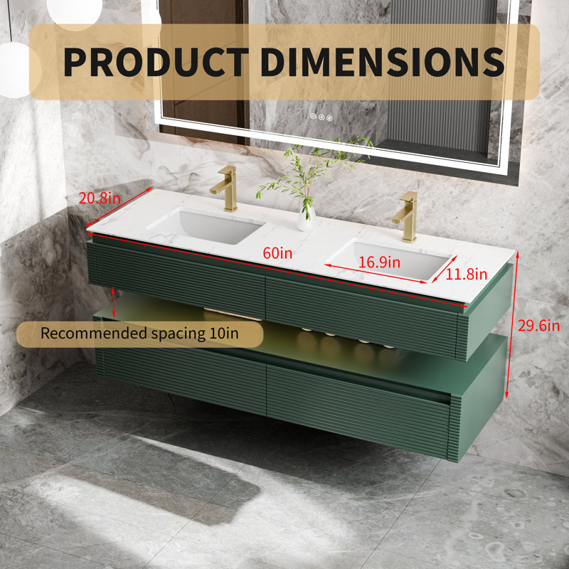 Ensemble de meuble-lavabo double 60 po avec dessus en pierre reconstituée, deux lavabos CUPC, tiroirs à fermeture en douceur et veilleuse intégrée - finition verte Gucci