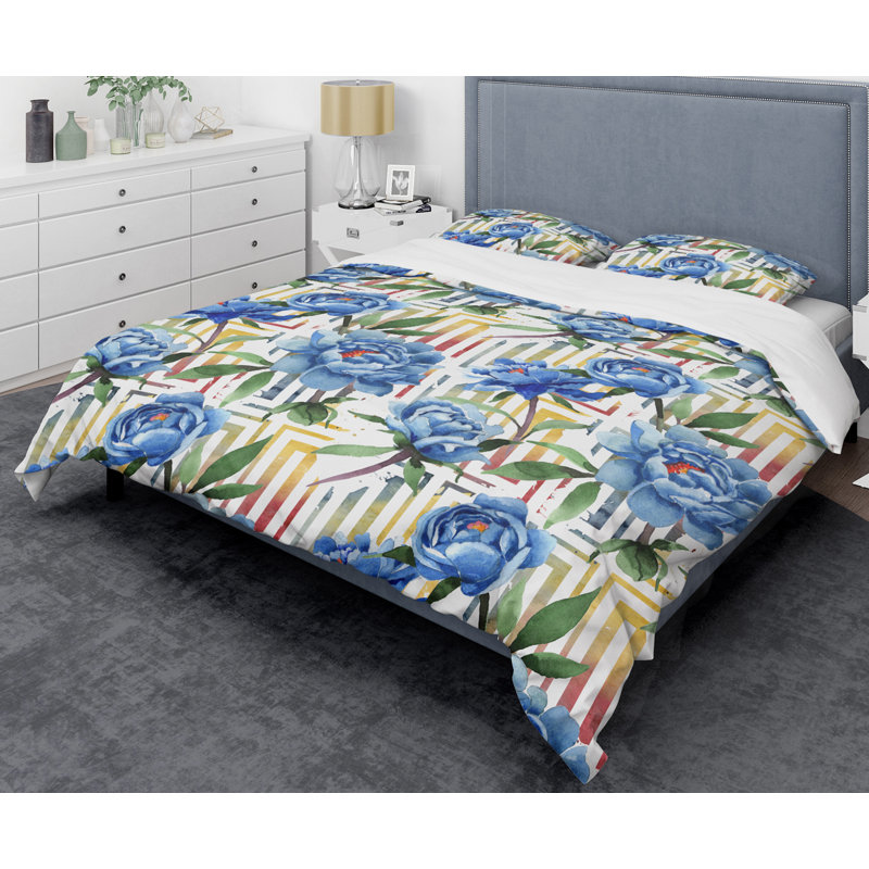 Ensemble de housse de couette à style mid-century à motif floral rétro, Housse de couette très grand + 2 taies décoratives
