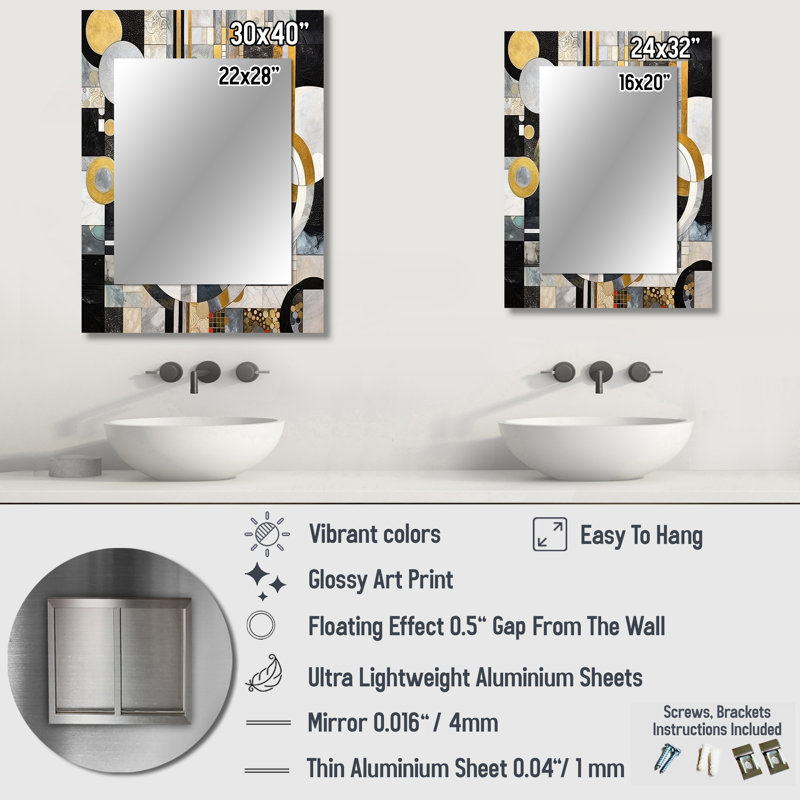 Gold and Black Geometric Illusions - Abstract Shapes Mirror, Gold Decorative Wall Mirror, Printed Metal Art, 40" x 30"