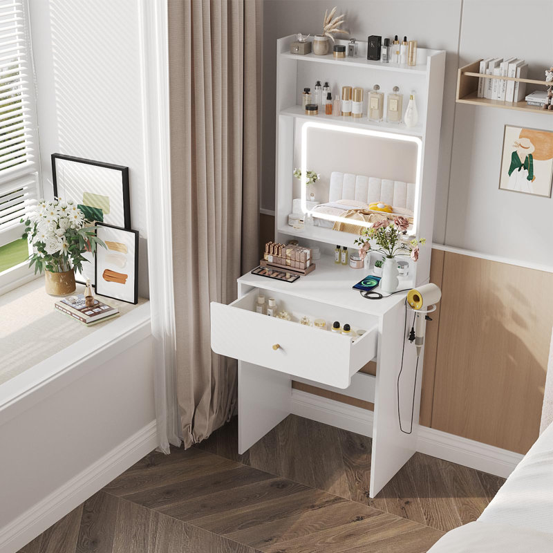 Petit ensemble de coiffeuse avec 3 miroirs lumineux réglables, Blanc / Blanc
