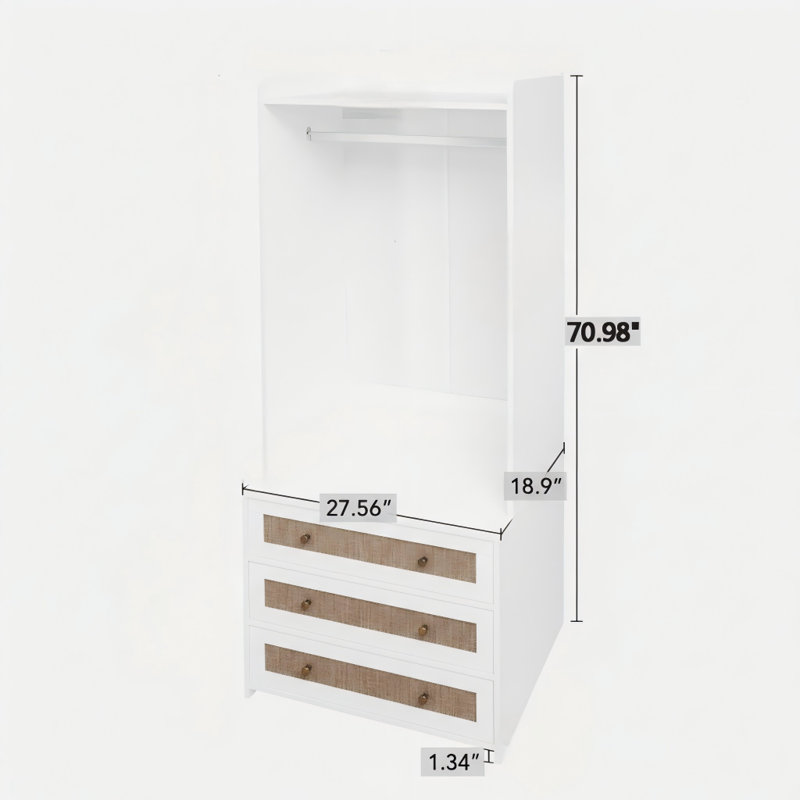 Unité de rangement pour vêtements avec 3 compartiments, grande armoire à vêtements avec accents en rotin tissé pour les espaces communs et les chambres à coucher, armoire d'organisation