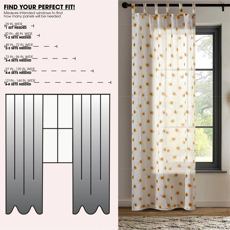 Sunflower Print Sheer Curtain Panel, 38" W x 84" L