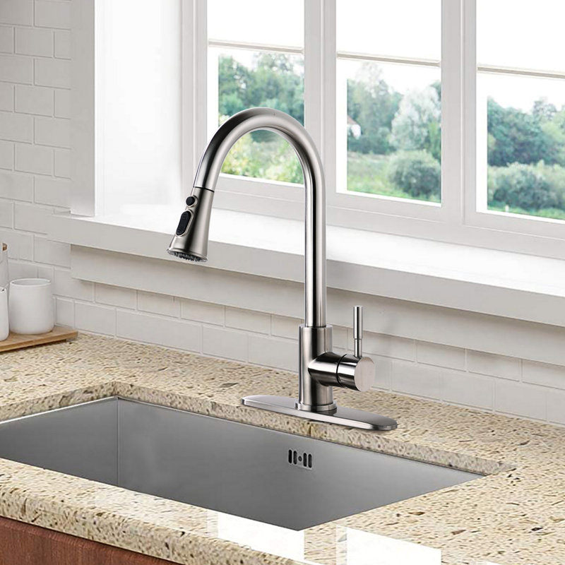 Robinet de cuisine rétractable avec pulvérisateur en acier inoxydable, Nickel brossé