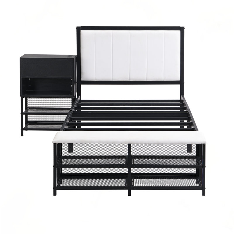 Lit plateforme en métal avec tablettes de rangement, Simple, Noir