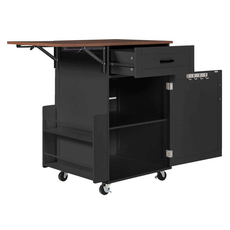 39.3" Farmhouse Rolling Kitchen Island Cart With Drop Leaf, Storage Cabinet & Spice Rack, Black