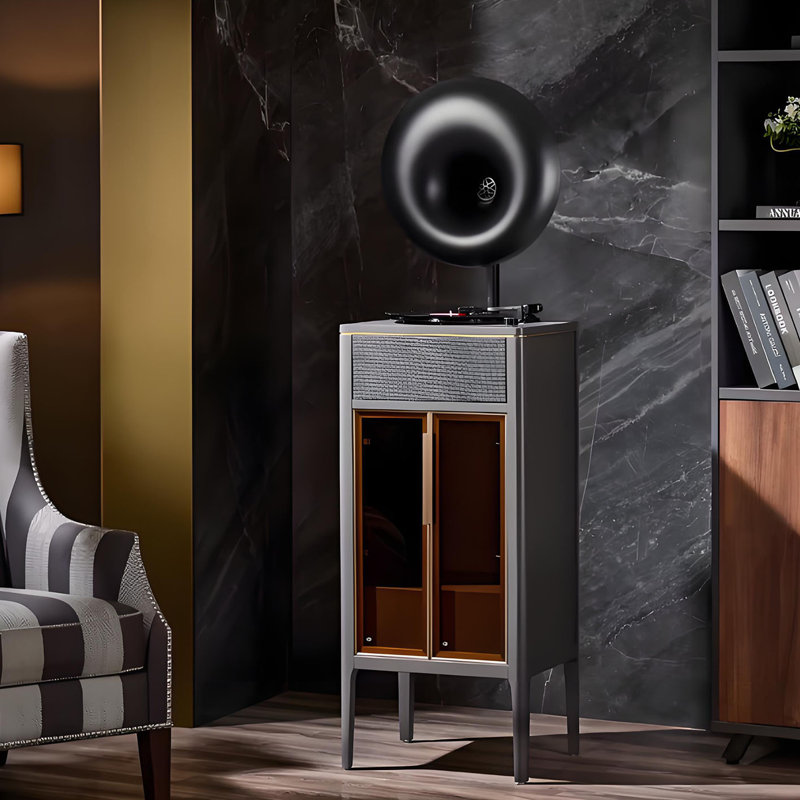 Tourne-disque Bluetooth rétro 17,72 po avec cadre en bois d'hévéa et haut-parleurs intégrés, Gris / Noir