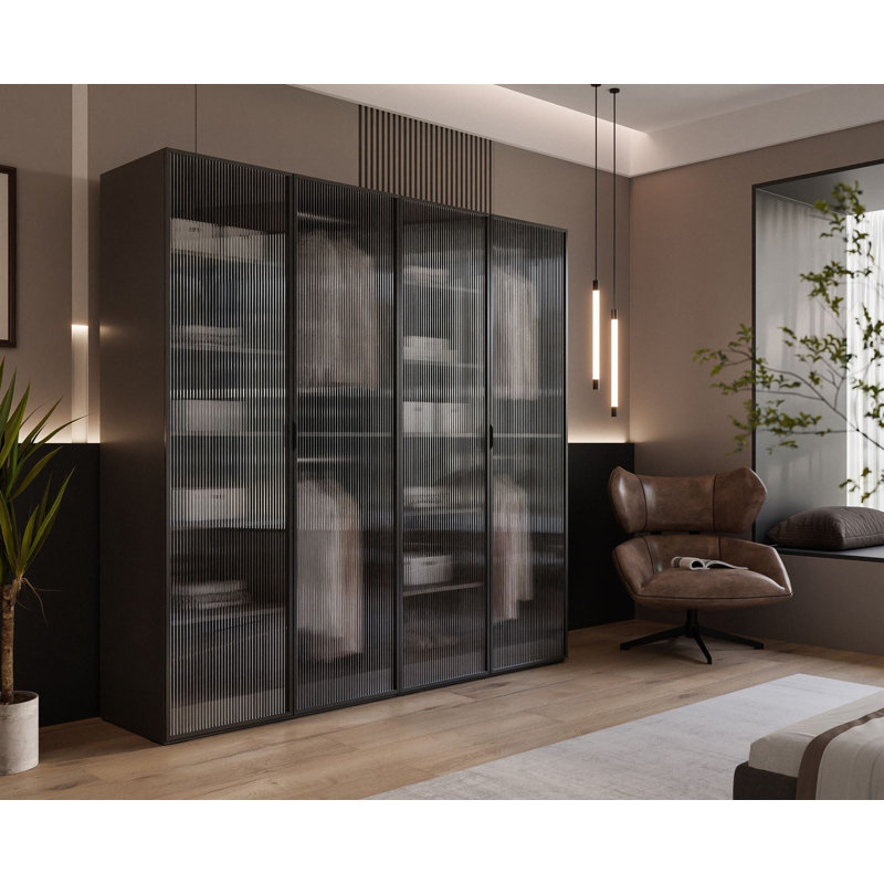 Manufactured Wood Wardrobe, Black Graphite/Fluted Glass