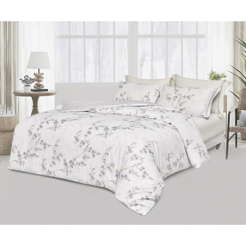 SLEEPBELLA Comforter, 600 Thread Count Cotton Comforter Sets, Down Alternative Bedding Set 3Pcs, Queen, Purple Botanical